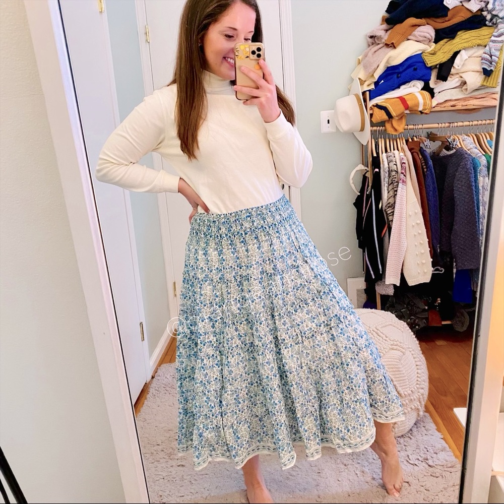 NWT Max Studio Blue Floral Floral Boho Smocked MIDI Skirt Comfy Stretch XL